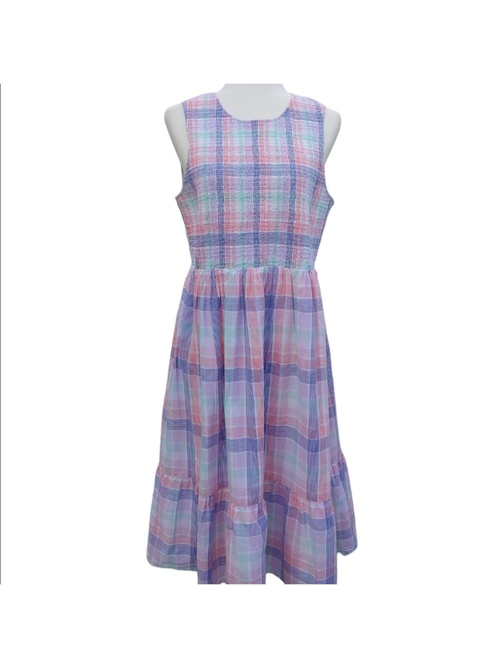 J.Crew Women's Smocked Tiered Cotton Plaid Dress in Pastels Multi size Large - Picture 5 of 17